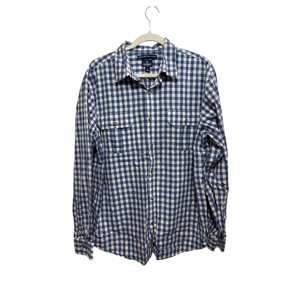 Old Navy Men's XL Button Down Shirt Blue White Gingham Check Cottagecore Preppy